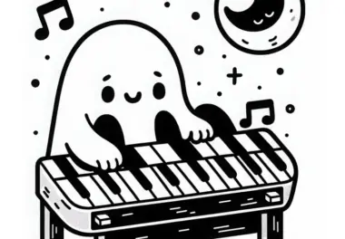 Geist spielt unheimliche Melodie auf alter Klaviatur: Einfaches Ausmalbild (Gratis)