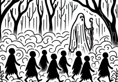 Geist führt Gruppe verlorener Seelen durch dichten Nebel: Kostenlose Malvorlage