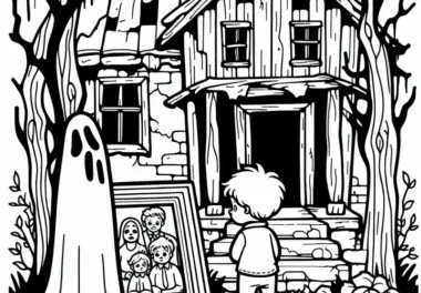 Geist mit Kind beobachtet Familienporträt vor einem verfallenem Haus: Gratis Malvorlage