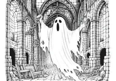 Geist schwebt durch verfallenes Schloss mit Ketten in der Hand: Ausmalbild zum Download (Gratis)