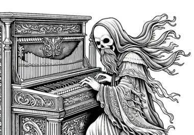 Geist spielt unheimliche Melodie auf alter Klaviatur: Ausmalbild zum Download (Kostenlos)