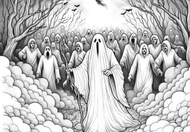 Geist führt eine Gruppe verlorener Seelen durch dichten Nebel: Ausmalbild zum Herunterladen (Kostenlos)