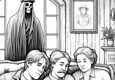 Geist beobachtet Familie: Detailreiche Malvorlage (Gratis)