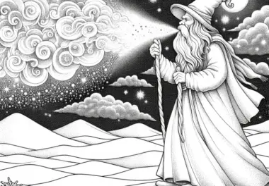 Sandmann bläst Wolke aus funkelndem Sand in den Nachthimmel als Ausmalbild (Gratis)