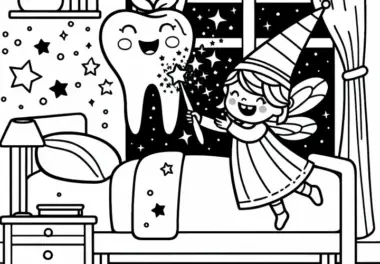 Zahnfee zaubert funkelnden Sternenhimmel ins Kinderzimmer: Malvorlage zum Download (Gratis)