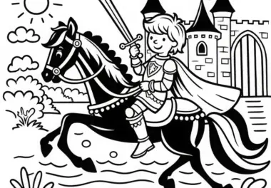 Prinz hält Schwert und reitet auf Pferd vor einer Burg: Einfache Malvorlage (Gratis)