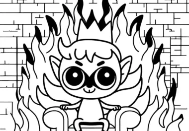 Teufel sitzt auf Thron aus Flammen in der Unterwelt: Einfaches Ausmalbild (Kostenlos)