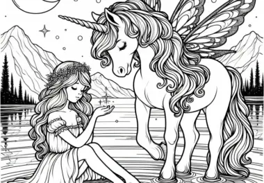 Fee sitzt am Ufer eines geheimnisvollen Sees mit Einhorn: Kostenloses Malvorlage