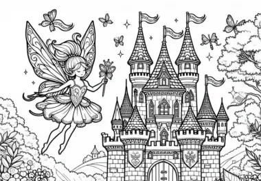Fee fliegt über prächtiges Schloss mit Türmen, Wimpeln und blühendem Garten: Malvorlage zum Download (Kostenlos)