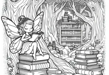 Fee sitzt auf Büchern in einer Bibliothek zwischen alten Bäumen: Ausmalbild zum Download (Gratis)