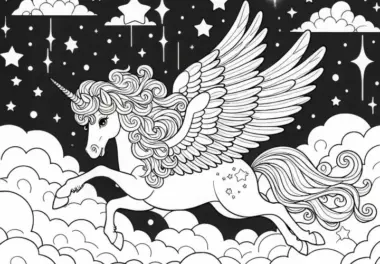 Pegasus mit ausgebreiteten Flügeln gleitet durch den Himmel: Einfache Malvorlage (Kostenlos)