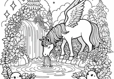 Pegasus trinkt vor Wasserfall, magische Wesen schauen aus dem Gebüsch: Kostenloses Ausmalbild