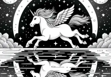 Pegasus galoppiert über eine spiegelnde Wasserfläche: Einfache Malvorlage (Kostenlos)