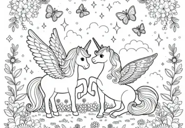 Pegasus und Einhorn stehen einander auf blühender Wiese gegenüber: Malvorlage zum Download (Kostenlos)