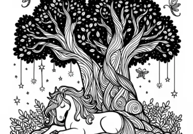 Pegasus ruht sich unter altem Baum aus: Einfaches Ausmalbild (Kostenlos)