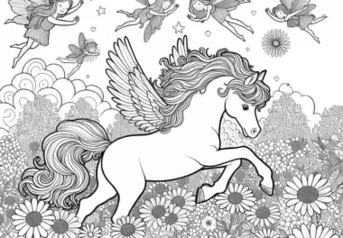 Junger Pegasus tollt durch eine Wiese voller Blumen und Feen: Gratis Malvorlage