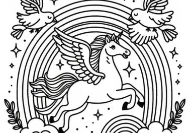 Pegasus fliegt durch den Regenbogen, während Vögel ihn begleiten: Ausmalbild zum Download (Kostenlos)