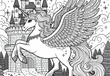 Mächtiger Pegasus bewacht märchenhaftes Schloss: Malvorlage zum Herunterladen (Gratis)