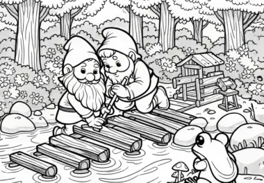 Zwei Zwerge bauen eine Holzbrücke, während ein Frosch zusieht: Ausmalbild zum Herunterladen (Gratis)