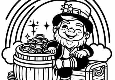 Schelmischer Kobold sitzt auf Truhe voller Goldmünzen: Einfaches Ausmalbild (Gratis)