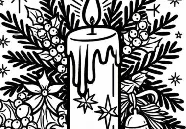 Weihnachtskerze mit Tannenzweig und Glöckchen – Adventskalender Ausmalbild