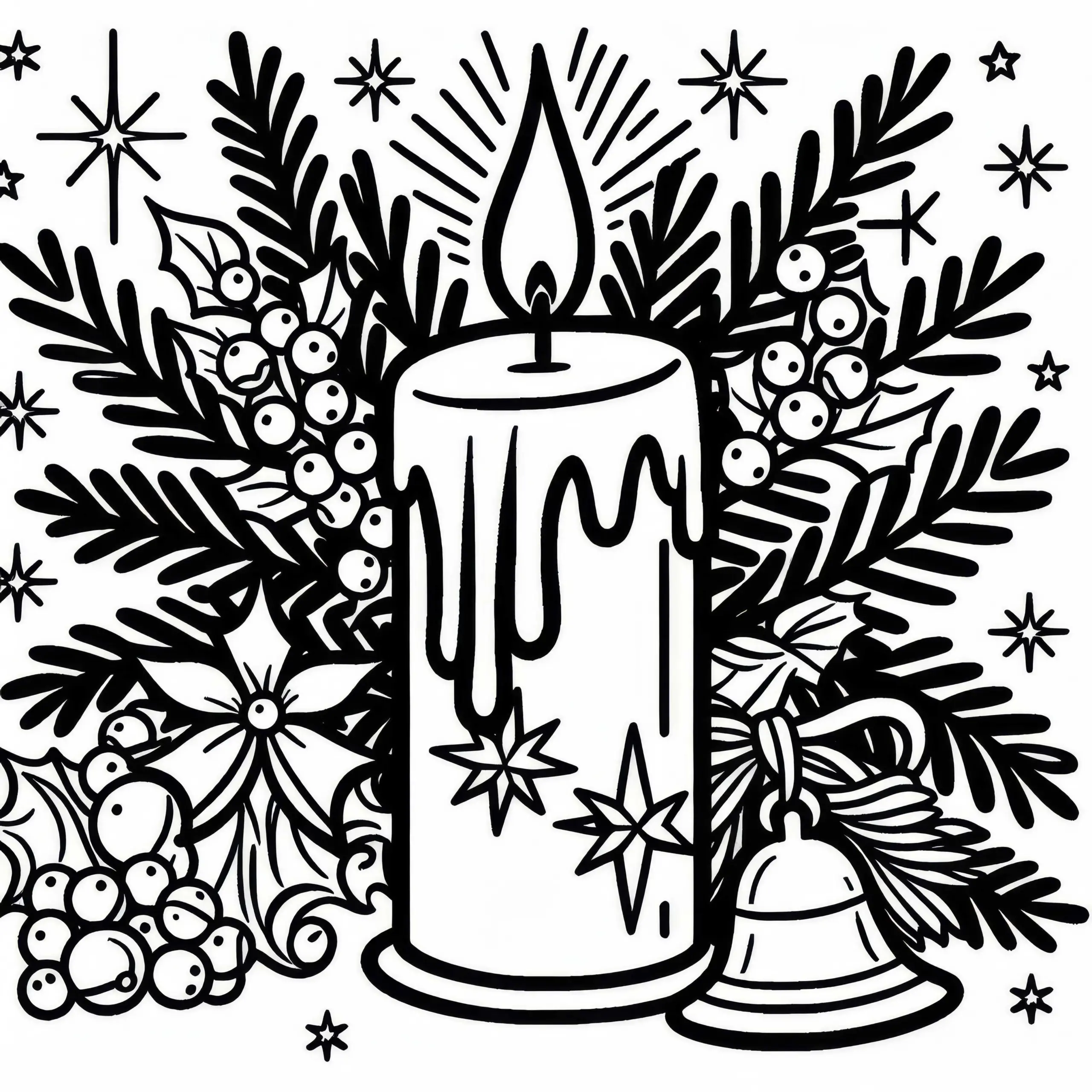Weihnachtskerze mit Tannenzweig und Glöckchen – Adventskalender Ausmalbild
