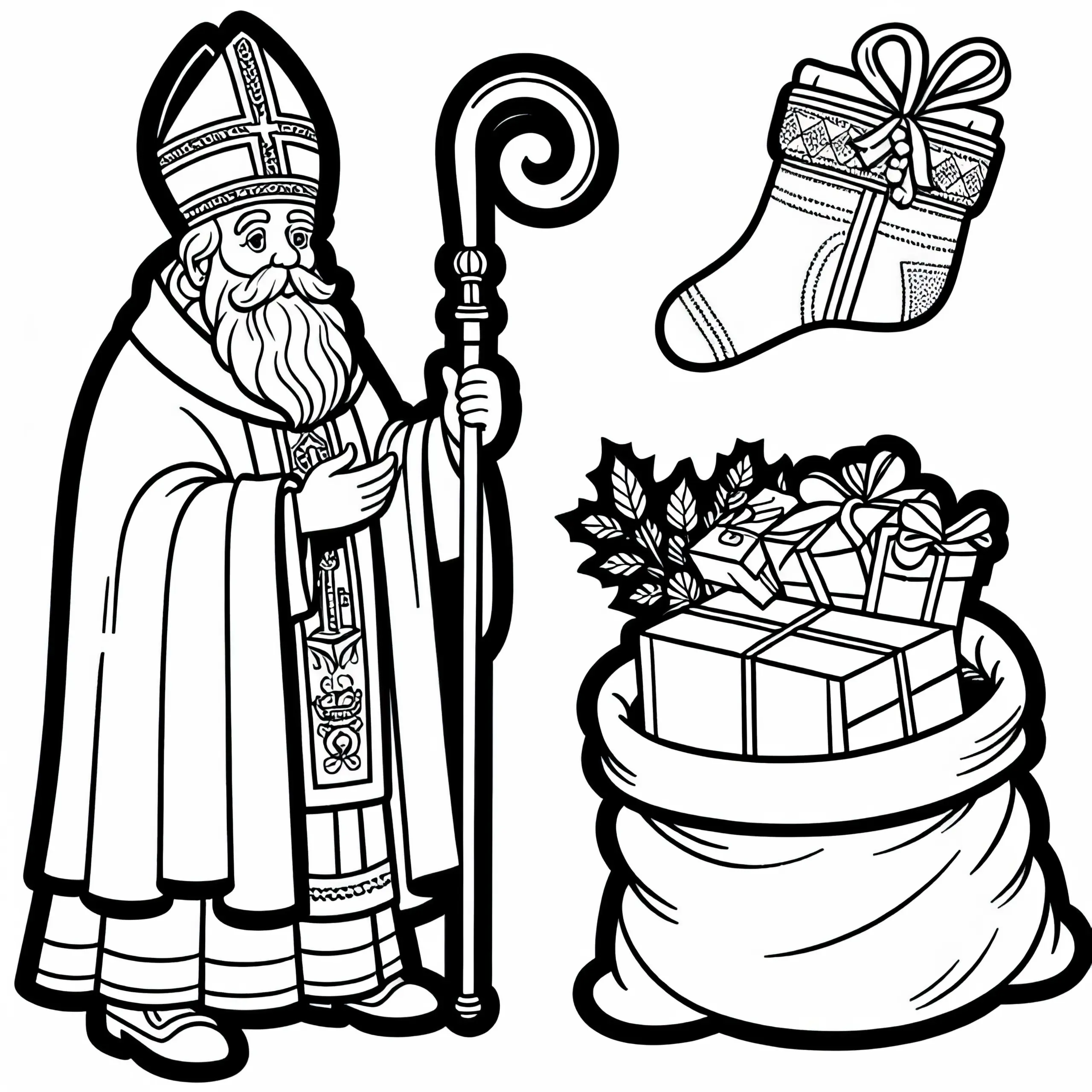 Heiliger Nikolaus mit Bischofsstab und Geschenksack – Ausmalbild für den Adventskalender