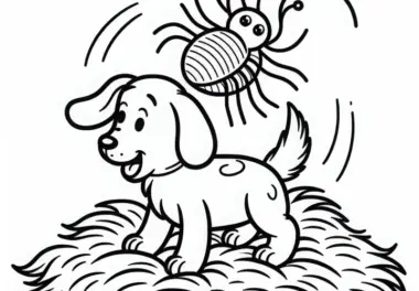 Ein Floh über einem Hund: Ausmalbild zum Download (Gratis)