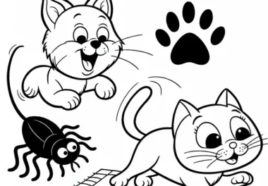Floh und Katzen beim Spielen: Ausmalbild zum Herunterladen (Kostenlos)