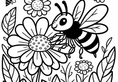 Wespe sitzt auf Blume und sammelt Nektar: Malvorlage zu Download (Gratis)