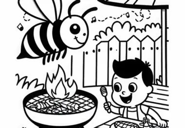 Wespe am Grill im Sommer: Ausmalvorlage zum Download (Kostenlos)