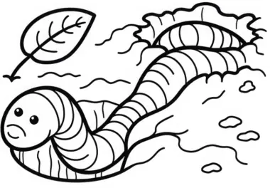 Regenwurm windet sich durch Erdloch: Ausmalbild zum Download (Kostenlos)