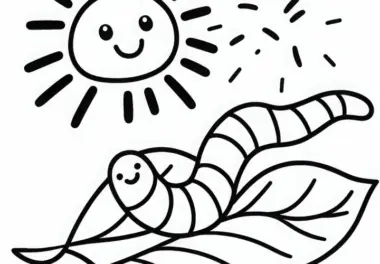 Regenwurm auf einem Blatt mit Sonne: Ausmalbild zum Download (Kostenlos)