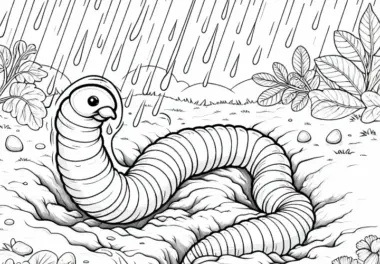 Regenwurm kommt nach Regen aus dem Boden: Detailreiche Malvorlage (Gratis)