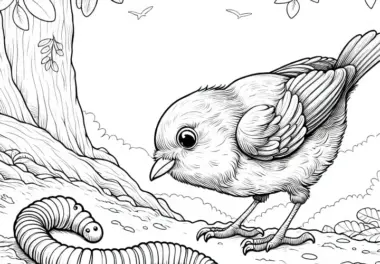 Regenwurm mit einem Vogel: Ausmalbild zum Download (Kostenlos)
