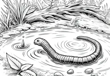 Regenwurm in Pfütze: Kostenloses Ausmalbild