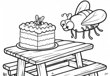 Fliege mit Kuchen auf Picknicktisch: Ausmalbild zum Herunterladen (Kostenlos)