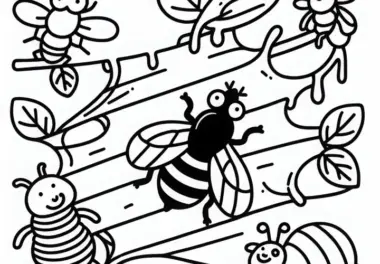 Fliege mit anderen Insekten auf Klebestreifen: Malvorlage zum Download (Kostenlos)