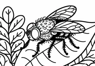 Fliege sitzt auf Blatt: Ausmalbild zum Download (Kostenlos)