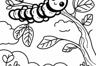 Kleine Raupe hängt an einem Ast: Malvorlage zum Herunterladen (Gratis)