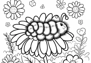 Raupe mit weichen Haaren auf einer Blume: Ausmalbild für Kinder (Kostenlos)