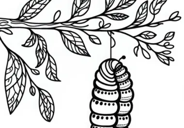 Raupe im Kokon am Zweig: Malvorlage zum Download (Kostenlos)