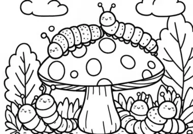 Raupen krabbeln über großen Pilz: Einfache Malvorlage (Kostenlos)