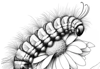 Raupe mit weichen Haaren krabbelt über Blume: Ausmalbild zum Herunterladen (Kostenlos)