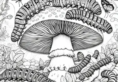 Raupen krabbeln über großen Pilz: Ausmalbild zum Download (Kostenlos)