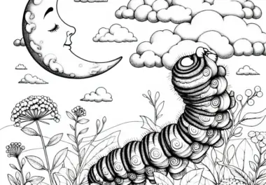 Kleine Raupe mit Mond am Himmel: Ausmalbild zum Herunterladen (Gratis)