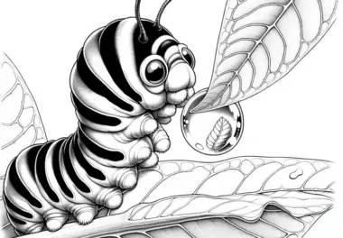 Neugierige Raupe schaut in Wassertropfen: Malvorlage zum Download (Gratis)