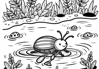 Wasserkäfer paddelt durch kleinen Teich: Kostenloses Ausmalbild