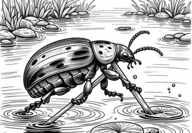 Wasserkäfer überquert Teich auf Stelzen: Ausmalbild zum Download (Gratis)
