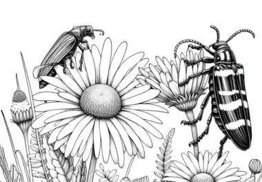 Käfer auf Gänseblümchen: Ausmalbild zum Herunterladen (Kostenlos)